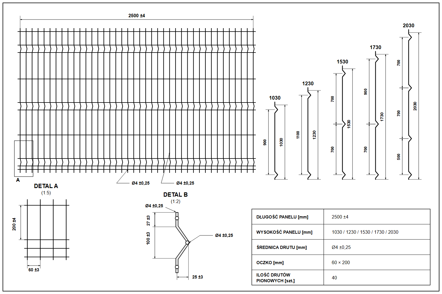 Panel 3D ECO ø4 oczko 60x200mm - rysunek techniczny