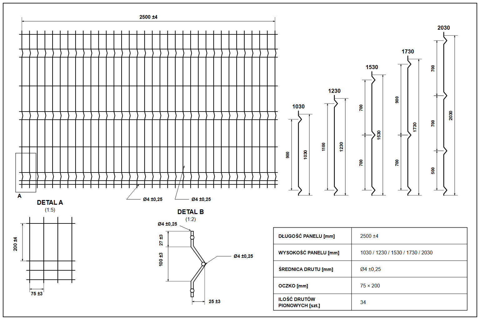 Panel 3D ECO ø4 oczko 75x200mm - rysunek techniczny