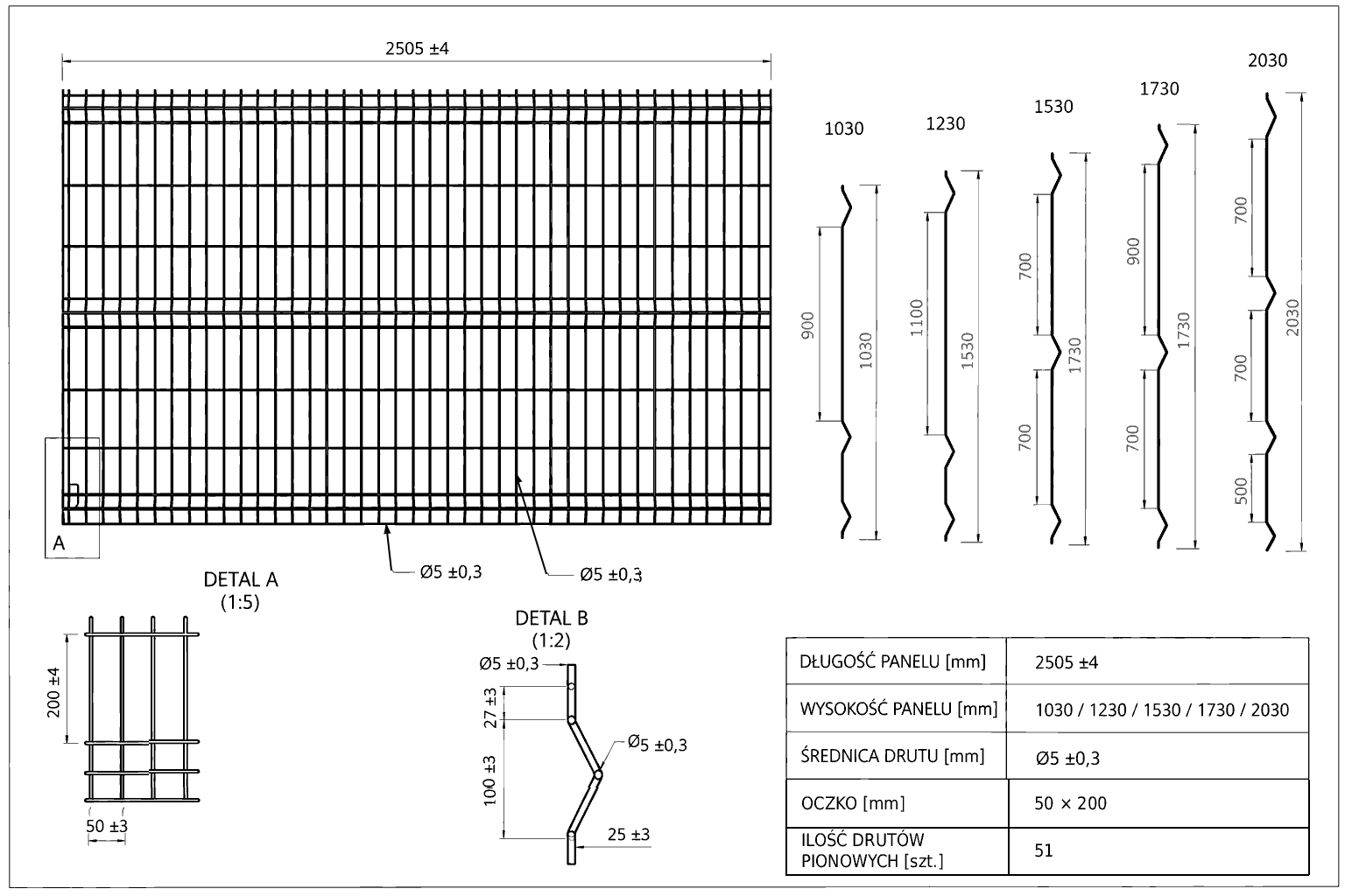 Panel 3D STANDARD ø5 oczko 50x200mm - rysunek techniczny