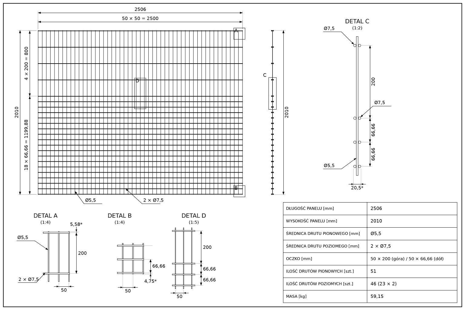 Panel REBOUND 2D ø7,5/5,5/7,5 oczko 50x200 / 50x66,66mm - rysunek techniczny